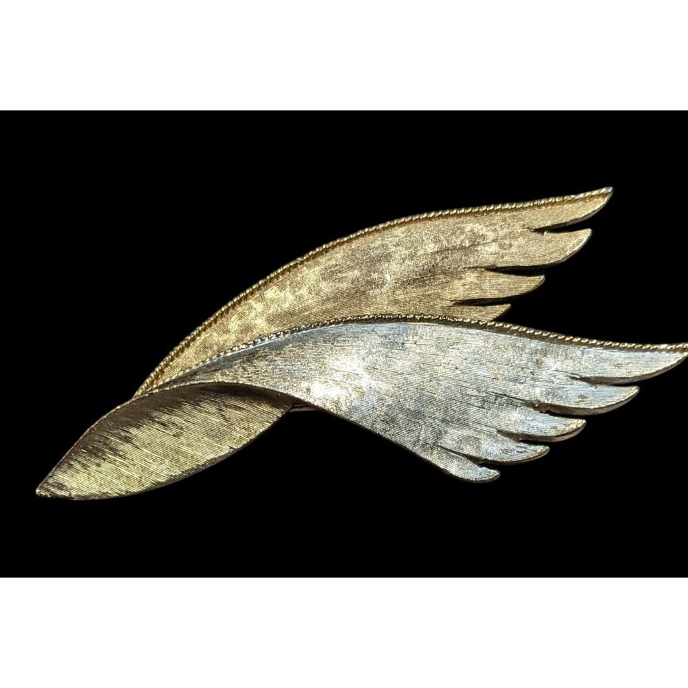 Vintage Wing Feather Art Deco Silver And Gold Tone Brooch Marked SA